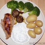Knoblauch-Hähnchenbrust mit Broccoli, Champignons, Frühkartoffeln und Kräuterquark